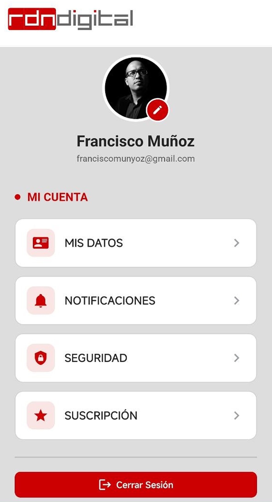 Pantalla Mi Cuenta de la app RDN Digital con la opción Seguridad