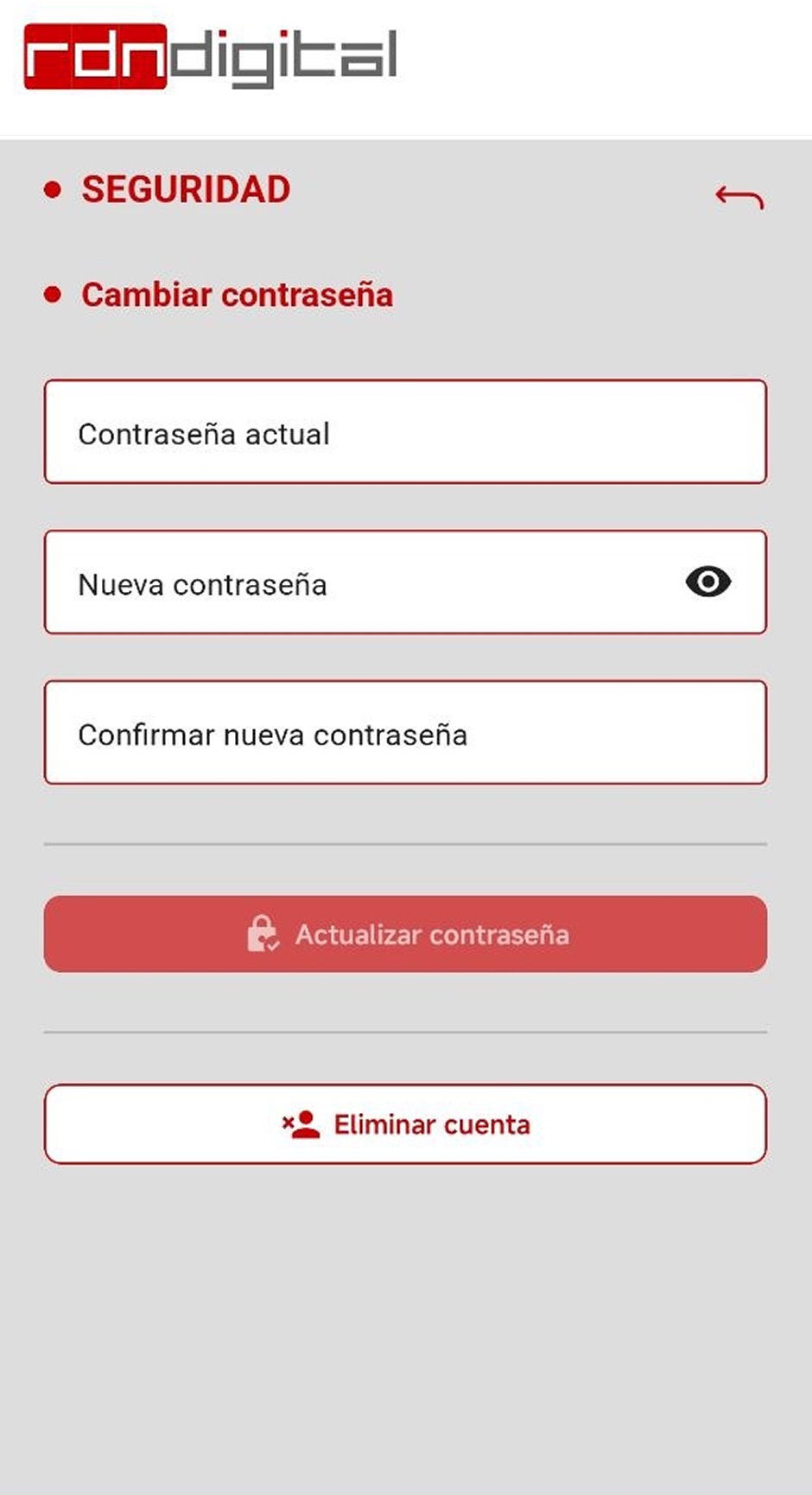Pantalla Seguridad de la app RDN Digital con el botón Eliminar cuenta